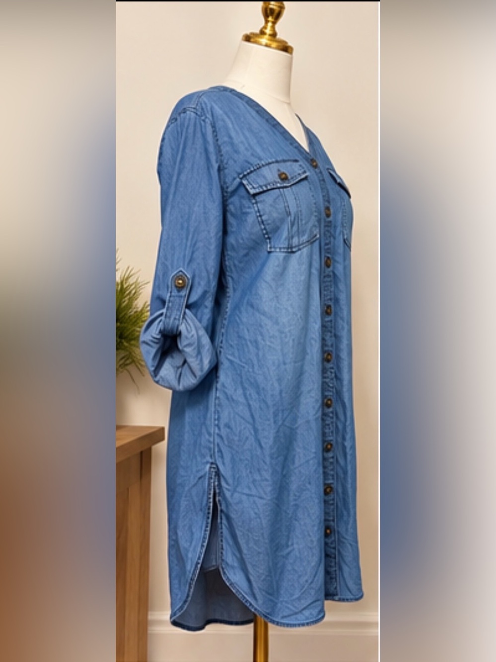 Blue Chambray Denim Shirt Dress Size Large Long Sleeve Button Front Utility